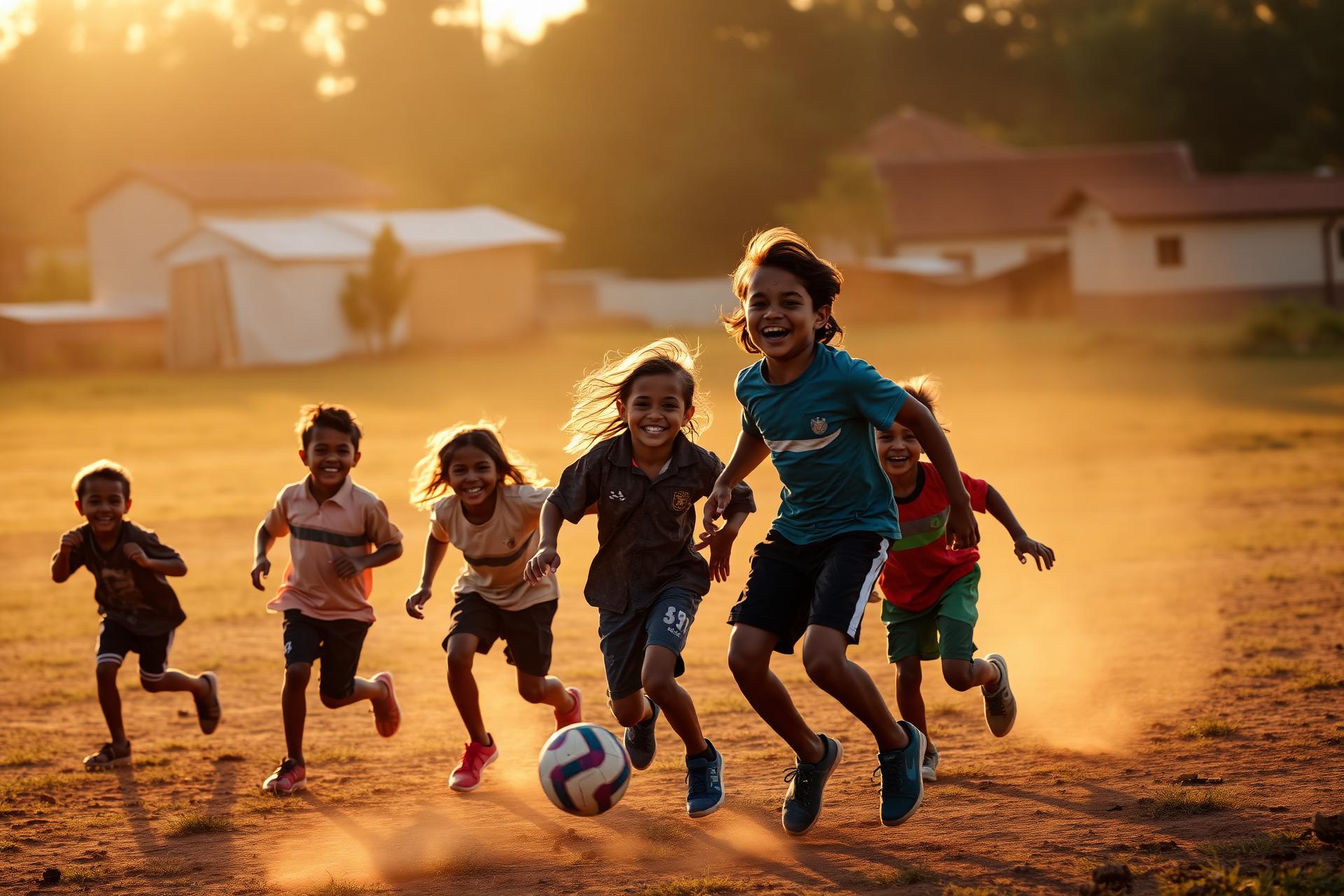 Crianças jogando futebol ao pôr do sol